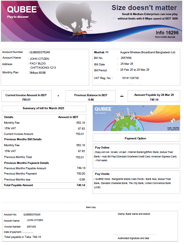 Bangladesh Qubee utility bill template in Word and PDF formats